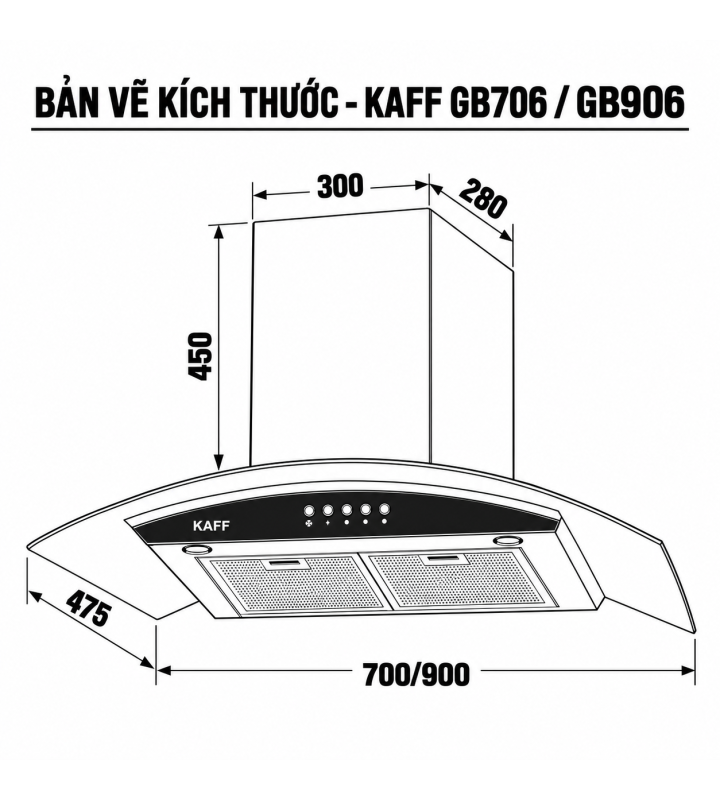 Máy Hút Mùi Kính Cong KAFF GB706 / GB906 Inox Kính Đen 1000m³/h