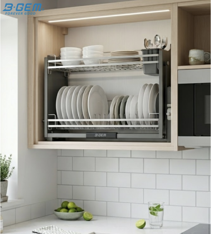 KỆ BÁT ĐĨA NÂNG HẠ THÔNG MINH - NAN DẸT INOX 304 BGKC01
